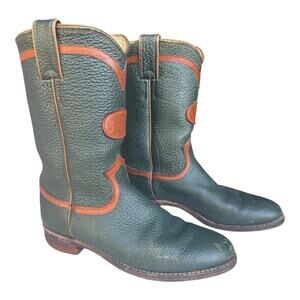 Vintage Rare Justin Pebbled Green Leather Roper Cowboy Boot Women size 7 B